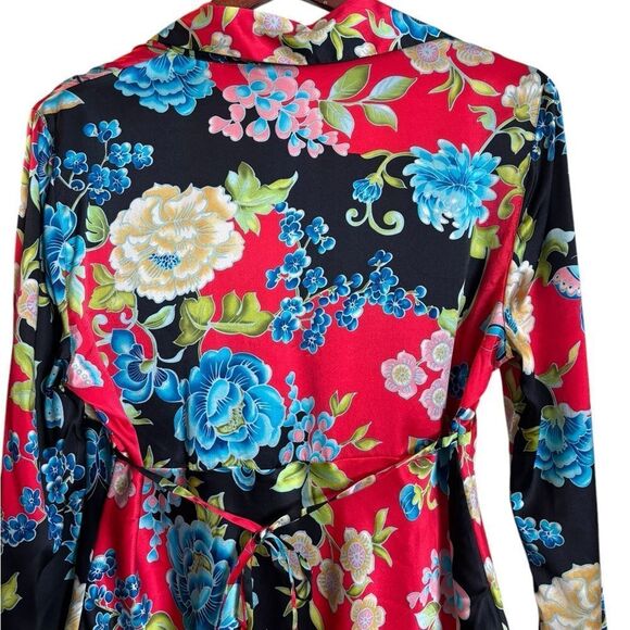 S. L. B. Colorful Vibrant Floral Long Sleeve 100% Silk V Neck Blouse Size XL - Picture 8 of 15